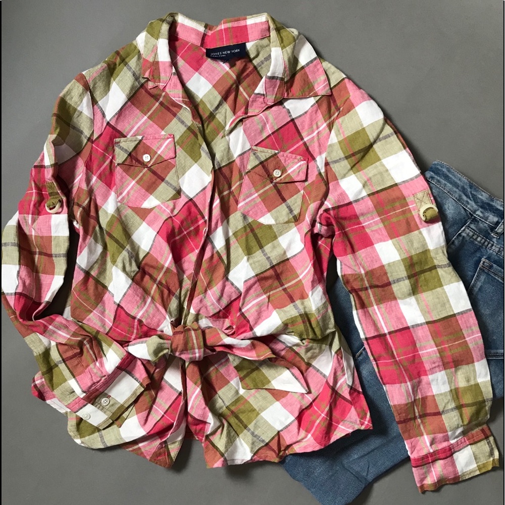 Jones New York Linen Plaid Tie Front Top